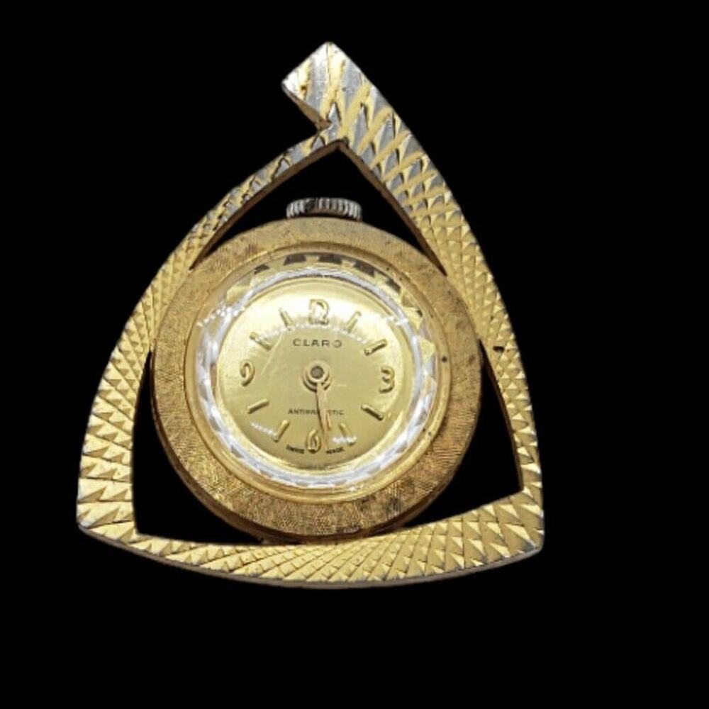 Vintage Watch Pendant Necklace Gold Plated Wind Up Mechanical Swiss Art Deco MOD